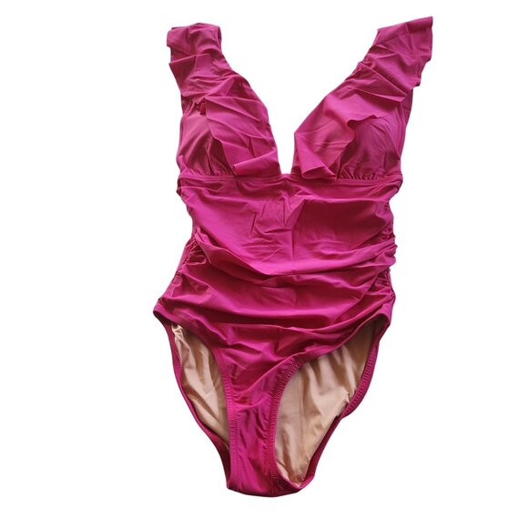 J. Crew Ruched Ruffled One-Piece Swimsuit Pink Size 10 Plunge Padded Scoop Back - Picture 1 of 8